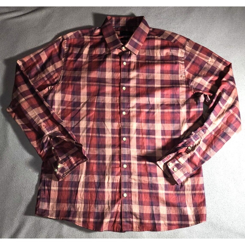 Stitch Shirt Men Large Brown Plaid Egyptian Cotton Long Sleeve Casual Button Up